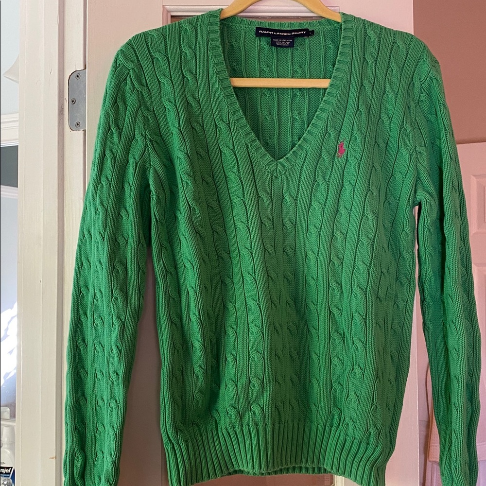 Vintage Polo Ralph Lauren Sport Cable Knit V-Neck Sweater Women Sz L Green
